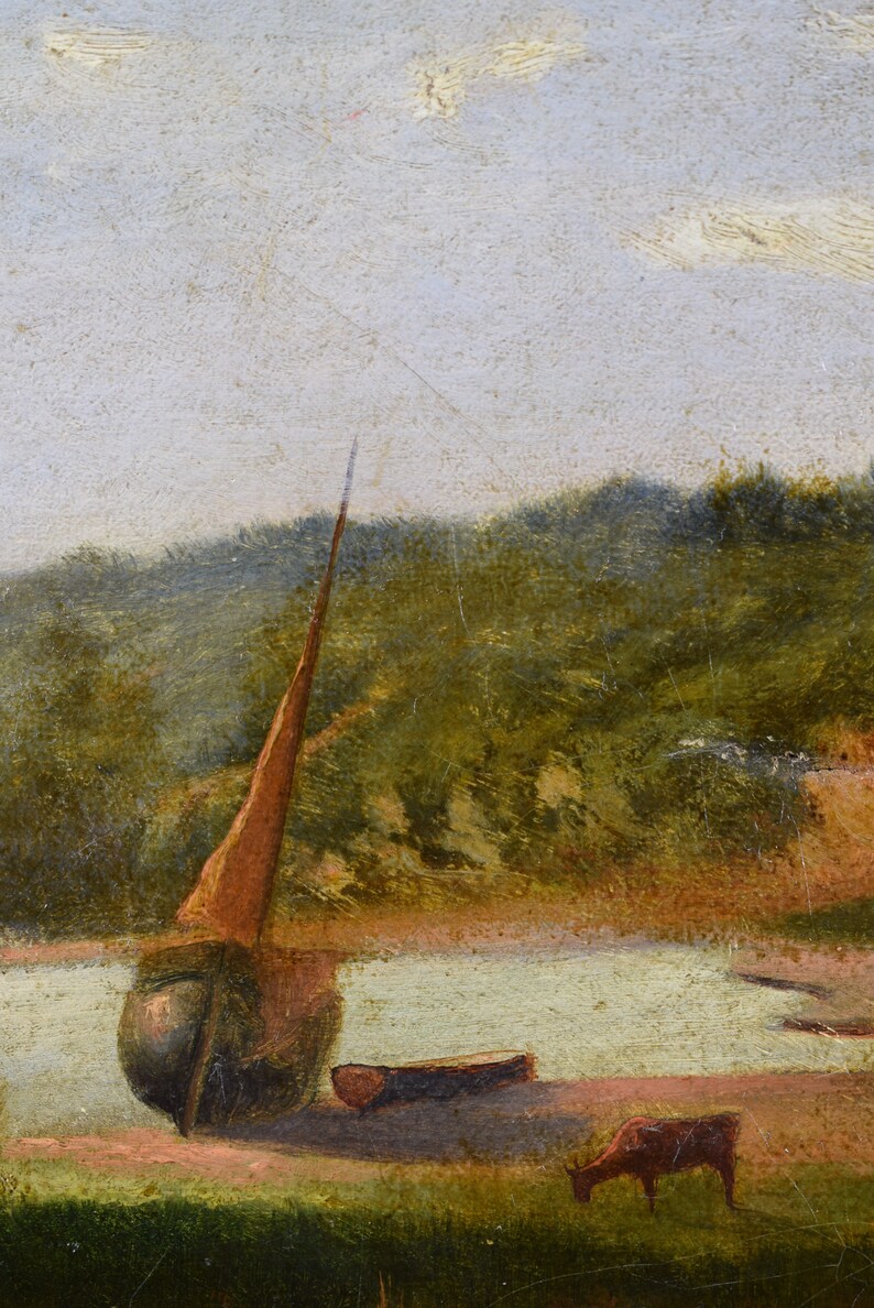 May include: A painting of a landscape with a boat on a lake. The boat has a brown sail and is partially submerged in the water. There is a brown cow in the foreground of the painting.