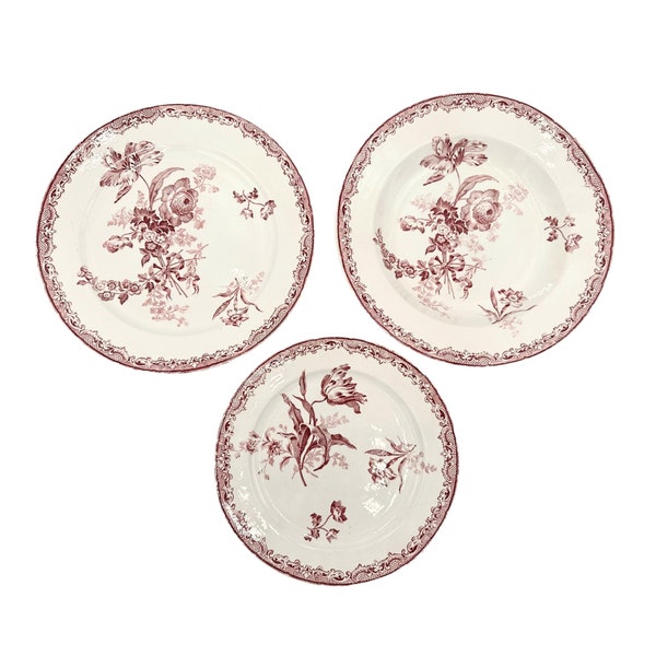 Sarreguemines Red Plates Set of 20 Plates, Fontanges Dinner Soup and Dessert Plates, Ironstone Tableware Service