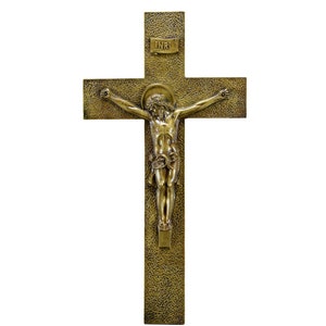 23&quot; Art Deco Bronze Wall Crucifix, Jesus Christ Corpus, French Antique Wall Cross Signed Dubois