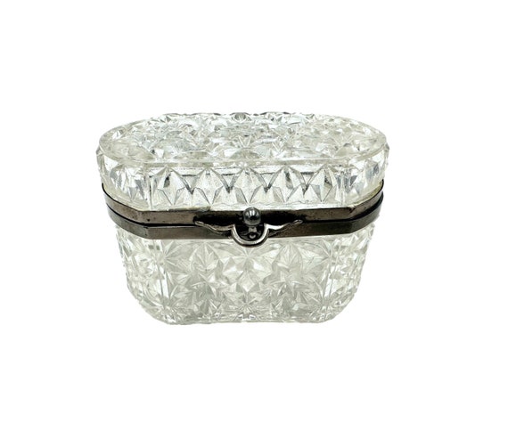 Antique French Cut Crystal Jewelry Box, Hand Cut … - image 1