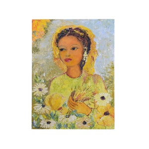 Retrato de mujer con flores en pintura al óleo amarilla