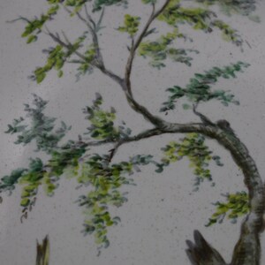 May include: A close-up of a white ceramic plate featuring a hand-painted design of a tree with green leaves. The tree is painted in a realistic style and the leaves are detailed.