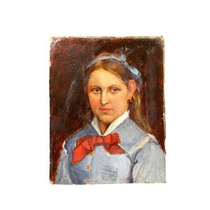 Retrato de una niña, pintura al óleo francesa antigua sobre tabla