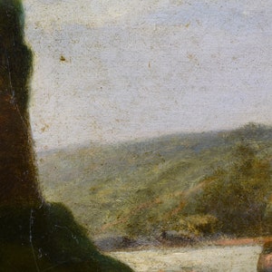 May include: A painting depicting a landscape with a river, hills, and trees. The sky is a light blue with white clouds. The painting is done in a realistic style with a focus on detail.