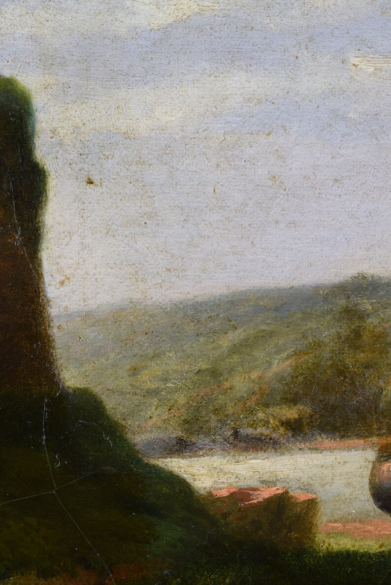 May include: A painting depicting a landscape with a river, hills, and trees. The sky is a light blue with white clouds. The painting is done in a realistic style with a focus on detail.