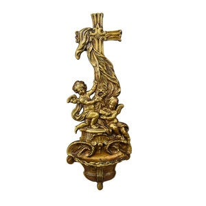17&quot; Angels Bronze Wall Holy Water Font, French Antique Wall Religious Art, Cherubs Figurines, Catholic Gift