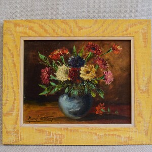 Vintage Oil Painting on Canvas, Bunch of Flowers Still Life, Original Art Signed Marcel Catelein, Cottagecore