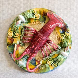 Vintage Portuguese Palissy Lobster Wall Plate, 1970s Coastal Décor, Handcrafted Ceramic Art