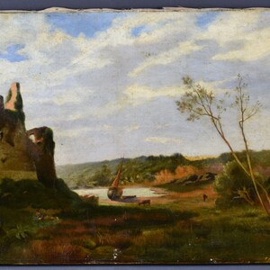 May include: A painting depicting a landscape with a ruined castle on the left side of the image. The castle is made of stone and is overgrown with vegetation. In the distance, there is a river with a boat on it. The sky is cloudy and blue.