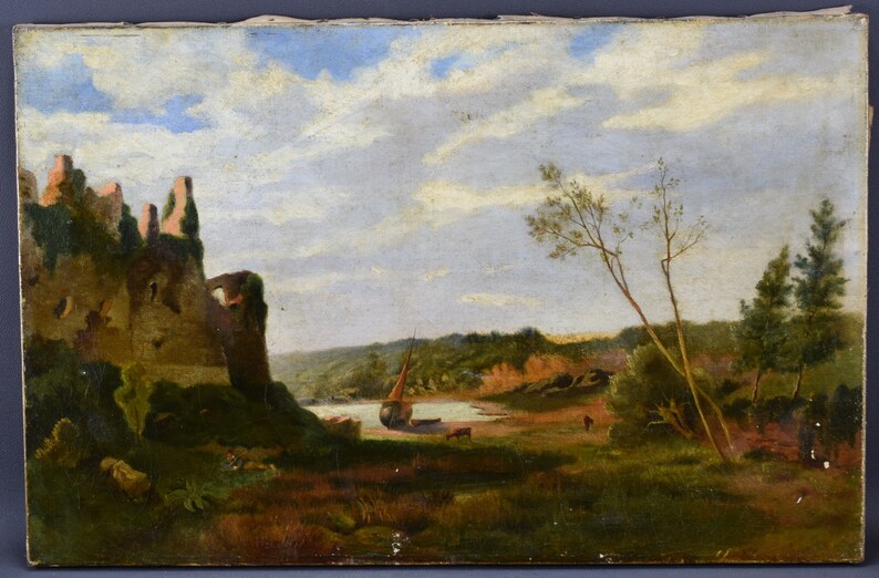 May include: A painting depicting a landscape with a ruined castle on the left side of the image. The castle is made of stone and is overgrown with vegetation. In the distance, there is a river with a boat on it. The sky is cloudy and blue.