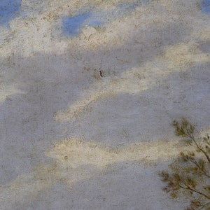 May include: A painting of a cloudy sky with a hint of blue peeking through the white clouds. The sky is painted on a textured canvas with a light gray background. A small tree is visible in the bottom right corner of the painting.