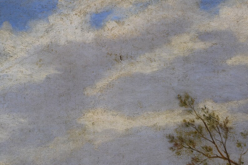 May include: A painting of a cloudy sky with a hint of blue peeking through the white clouds. The sky is painted on a textured canvas with a light gray background. A small tree is visible in the bottom right corner of the painting.
