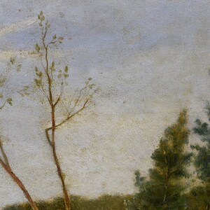 May include: A painting of a landscape with trees in the foreground and a cloudy sky in the background. The trees are painted in shades of green and brown, and the sky is a light blue with white clouds.