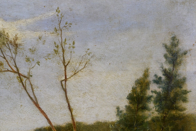 May include: A painting of a landscape with trees in the foreground and a cloudy sky in the background. The trees are painted in shades of green and brown, and the sky is a light blue with white clouds.