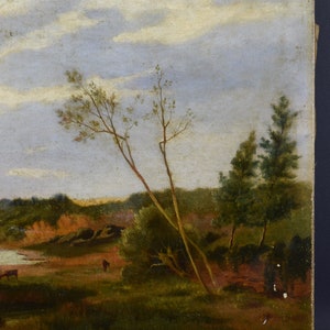 May include: A painting of a landscape with a river, trees, and cows in the foreground. The sky is a light blue with white clouds. The trees are a dark green and the cows are brown.