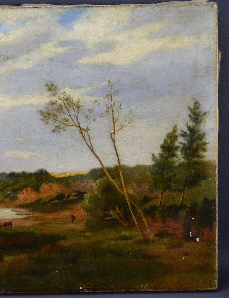 May include: A painting of a landscape with a river, trees, and cows in the foreground. The sky is a light blue with white clouds. The trees are a dark green and the cows are brown.
