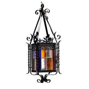 French Vintage Stained Glass Lantern, 1940s Wrought Iron Chandelier, Belle Époque Chateau Core
