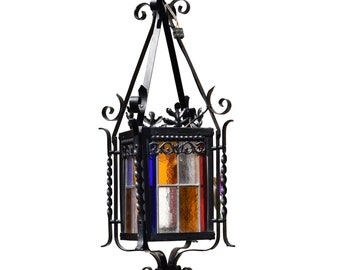 French Vintage Stained Glass Lantern, 1940s Wrought Iron Chandelier, Belle Époque Chateau Core