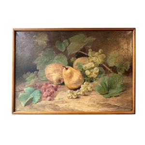 Beautiful French Antique Realistic Still Life Oil Painting Autumn Fruits Pear and Grapes, Kitchen Wall Art, Gallery Wall Arrangement
