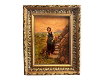 Original Oil Painting, Portrait of a Peasant Girl Walking in the Countryside at Sunset, Italian Antique Wall Art Signed, Gallery Display