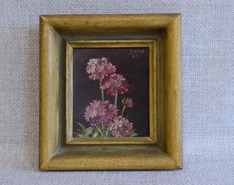 Miniature Oil Painting Bunch of Purple Flowers Signed, Vintage Floral Still Life, Floral Wall Arrangement, Original Art
