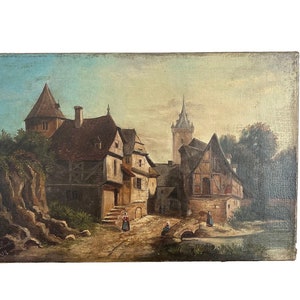 Pintura al óleo antigua sobre lienzo, escuela francesa del siglo XIX, arte original firmado por J. Galland, pintura de pueblo