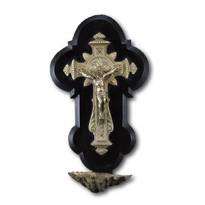 Black Holy Water Font for Wall Wood Jesus Crucifix