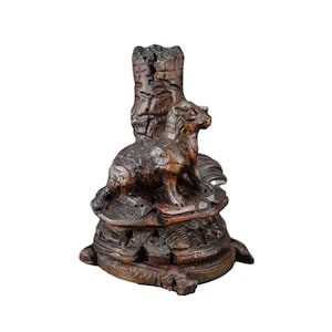 Black Forest Carved Marmot Candlestick, Vintage Hand Carved Wood Candle Holder