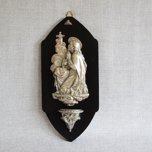 Antique 1880&#39;s French Holy Water Font Signed T. Hingre, Art Nouveau Black Marble Plaque with Silver-Plated Jesus in Prayer Benitier