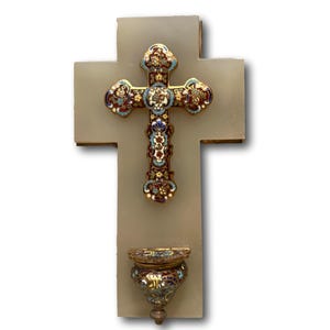 Antique French Cloisonne Enamel Holy Water Font on White Marble