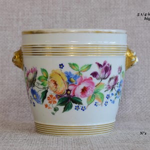Victorian Hand Painted Paris Porcelain Cache Pot, 5in Lion handle Planter, Indoor Conservatory Jardiniere Chateaucore Decor