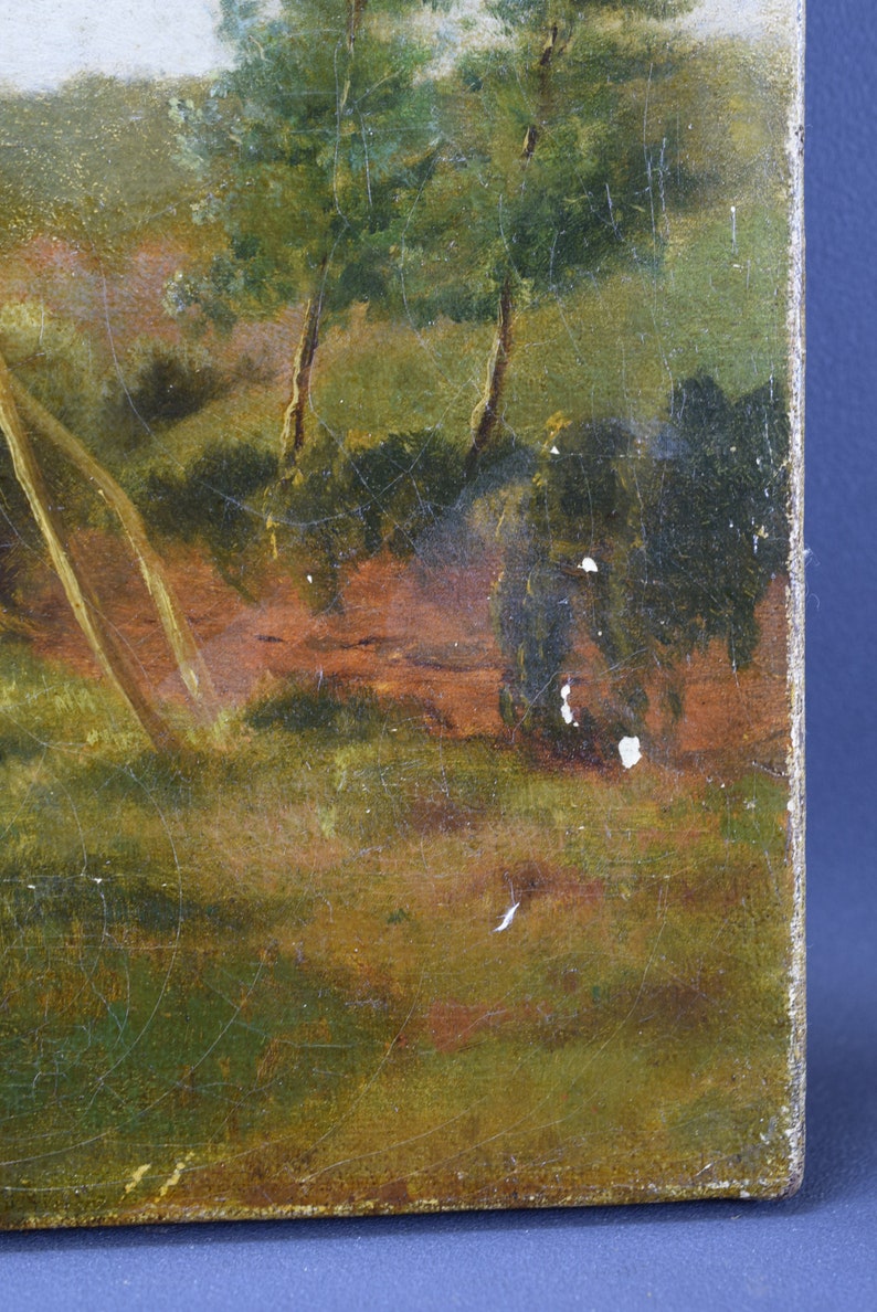 May include: A close-up of a painting depicting a landscape with trees and a path. The painting is on canvas and has a textured surface. The colors are muted and earthy, with shades of green, brown, and yellow.
