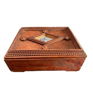 WW1 Folk Art Tramp Art Wood Hinged Jewelry Box with Mirror, Chip Carved Wooden Box, Aubervilliers