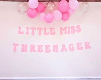 May include: Pink banner that reads "LITTLE MISS THREENAGER" with pink balloons. The banner is strung across a white wall, and the balloons are in shades of pink and clear.
