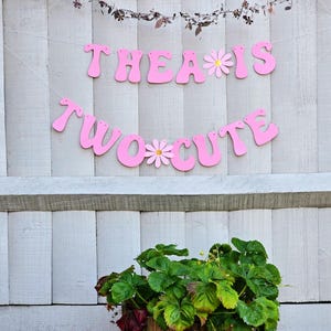 Pu&ograve; includere: Striscione rosa con il testo "Thea is Two Cute" con fiori rosa tra ogni parola. Lo striscione &egrave; appeso a una recinzione di legno bianca.
