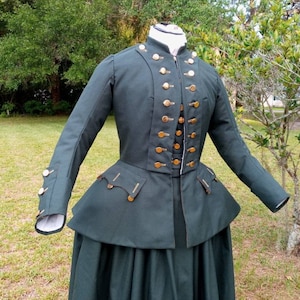 Custom 18th century Riding Habit Ensemble. 3 parts. Wool blend serge or custom options.