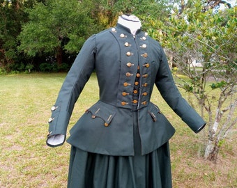 Custom 18th century Riding Habit Ensemble. 3 parts. Wool blend serge or custom options.