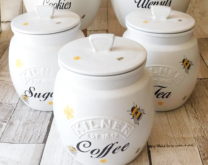 White Bumble Bee Kitchen Canisters, Tea Coffee Sugar Jars, Sugar Pot