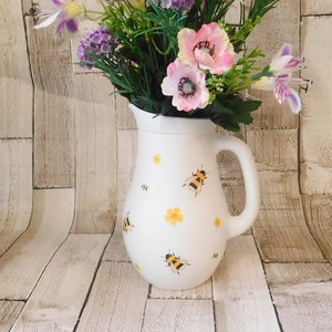 White Bumble Bee Jug Vase , White Glass Jug Vase, Decoupage Bumble Bees, Flower Vase, Bee Storage Jar