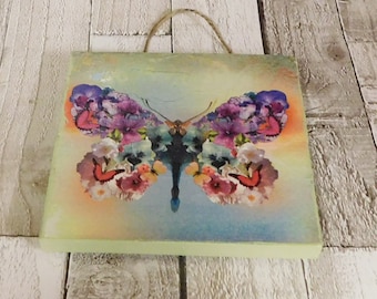 Decoupage Flower Butterfly Wooden Plaque - Reclaimed Timber Wall Decor