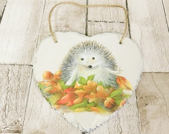 Hedgehog Slate Heart Plaque: Autumn Wall Decor