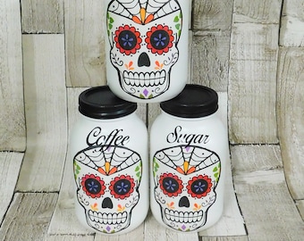 Botes de Calavera de Azúcar: Tarros de Té y Café de Cocina Gótica, Juego de 3