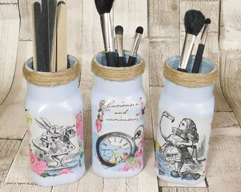 Alice in Wonderland Makeup Brush Holder Set: Decoupage Glass Jars