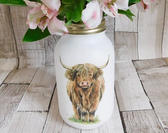 Highland Cow Painted Kilner Jar, Jar Vase, Table Centrepiece, Gift, Wildlife Safari,  Birthday gift, cow lover present