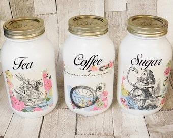 Botes de Alicia en el País de las Maravillas, frascos de vidrio blanco Kilner Mason, tarros para té, café y azúcar, azucarero, cafetera, caja de té, Alicia, Conejo Blanco