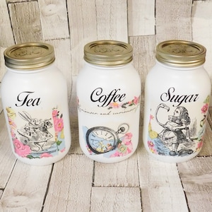 Alice In Wonderland Canisters ,Kilner  Mason White Glass Jars, Tea Coffee Sugar Jars, Sugar Pot, Coffee Pot, Tea Caddy, Alice, White Rabbit