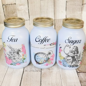 Alice In Wonderland Canisters ,Blue Kilner Jars, Kitchen Tea Coffee Sugar Jars, Sugar Pot, Coffee Pot, Tea Caddy , Alice, White Rabbit