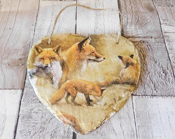 Foxes Decoupage Slate Heart Plaque - Wall Decor