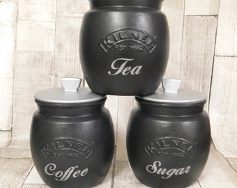Botes de cocina negros y plateados, tarros para té, café y azúcar, tarro para galletas, barril para galletas, tarro para utensilios, tapas negras y plateadas, tarro Kilner Retro