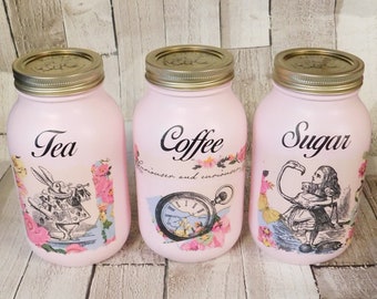 Alice In Wonderland Pink Kilner Canister Jars, Tea Coffee Sugar Jars, Set of 3, Shabby Chic, Kitchen Jars, Alice, Kilner Jars,
